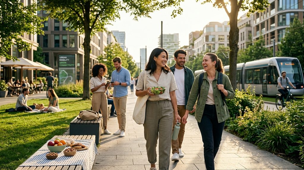 Healthy modern lifestyle balancing technology, work, movement, relaxation, and relationships.