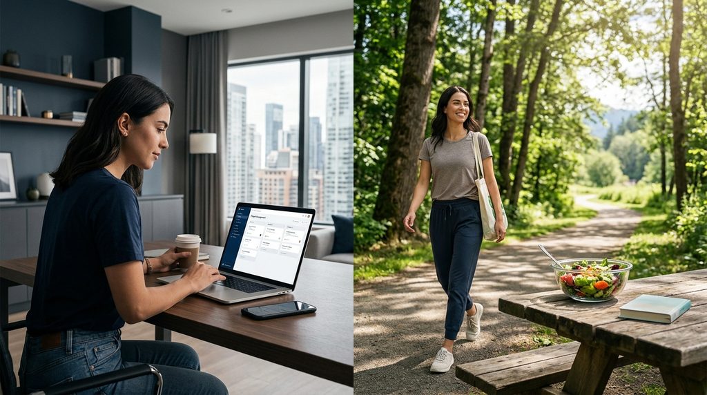 Modern living benefits and disadvantages compared through technology and healthy lifestyle.